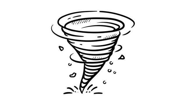 Minimalist black line vector icon of a tornado funnel whirlwind on a white background; hand-drawn outline illustration representing a powerful storm, cyclone, or natural disaster weather event.