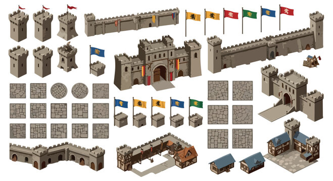 Medieval castle isometric vector set, ancient stone fortress walls and watchtowers, historical kingdom building kit for game design and maps