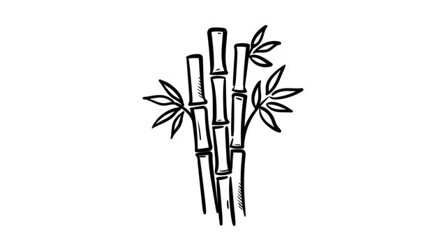 Minimalist black line vector icon illustration of bamboo stalks with leaves, hand-drawn style on a white background, scalable SVG graphic for nature, spa, zen, and Asian culture design projects.