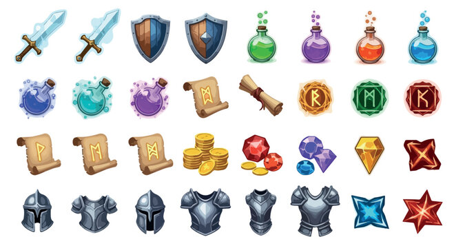 Fantasy RPG game icons set, 32 medieval quest items and equipment vectors, magic potions and armor assets for mobile gaming interface
