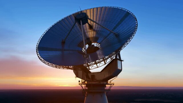 Remote Observatory With Rotating Dish And Illuminated Steel Framework Capturing Faint Signals