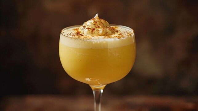 Yellow cocktail served in a stemmed glass with whipped cream and cinnamon on top, placed against a softly blurred brown backdrop