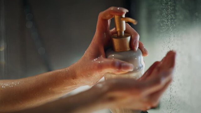 Shower hands pouring shampoo in spa room closeup. Lady standing washing cabine