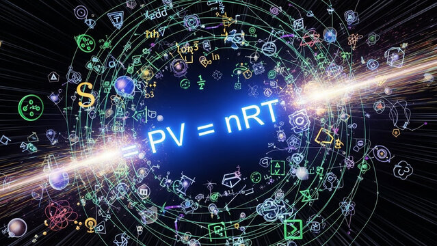 Ideal gas law: pv = nrt, a concept with floating icons and symbols, neon blue equation and glowing light