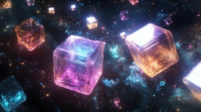 Abstract floating cubes in cosmic space with colorful light effects