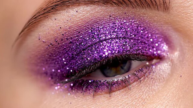 Macro Close Up of Female Eye with Intense Purple Glitter Eyeshadow and Shimmering Violet Eye Makeup for Glamorous Party Look and Beauty Fashion Cosmetic Concept