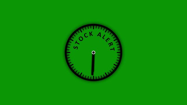A simple of a black clock face with the words STOCKALERT written around the dial set against a bright solid green backdrop symbolizing financial market notifications and trading