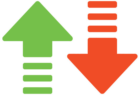 Green up arrow and orange down arrow icons representing positive and negative trends, growth and loss.