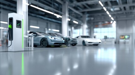 Obraz premium Wide Banner for Electric Vehicle Service Center Featuring an EV Charging Station and Workshop With Clean Space for Text