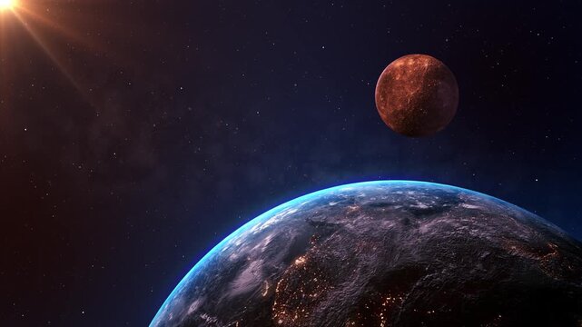Earth's appearance from the viewpoint of the moon Realistic 3D animation Jupiter moon Io, Europa, Ganymede outer space. Sun, stars and galaxies on background. Solar system planet. Universe exploration