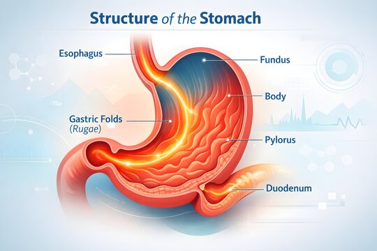 Human Stomach Anatomy Vector Illustration &ndash; Labeled Medical Digestive System Cross Section Infographic