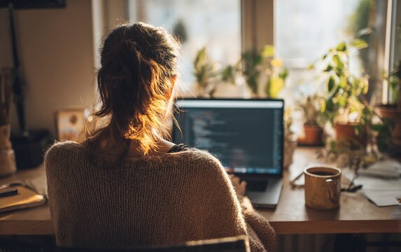 Over shoulder view of person working home cozy desk setup coding laptop note coffee mug nearby indoor plant soft decor camera behind subject no face visible warm natural lighting minimal aesthetic