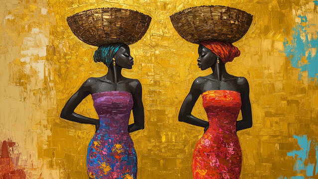 African women carrying baskets traditional culture oil painting textured digital artwork.