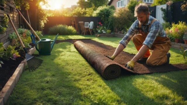 Man laying sod in backyard garden at sunset