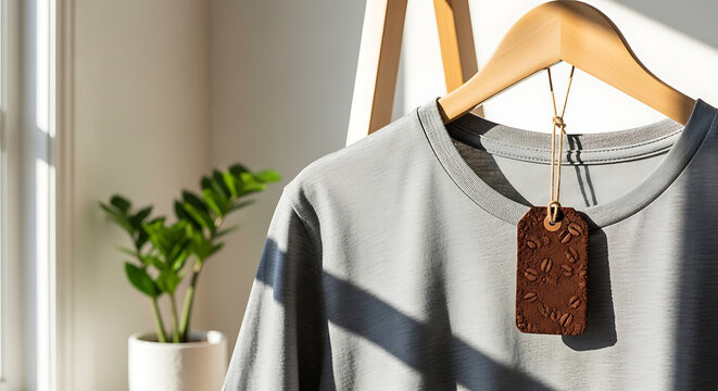 A stylish gray sweater hangs on a wooden hanger in a bright room with a plant