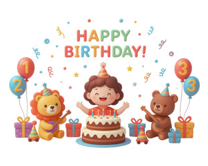 Fototapeta premium A fun vector illustration set featuring a cute cartoon baby teddy bear and dog celebrating a kids' birthday party with a festive cake, colorful gifts, and a happy holiday card design