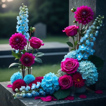Beautiful Floral Arrangement on a Grave in a Cemetery.
