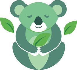 Fototapeta premium A cute cartoon koala bear with closed eyes holds green eucalyptus leaves in its paws. Vector, illustration