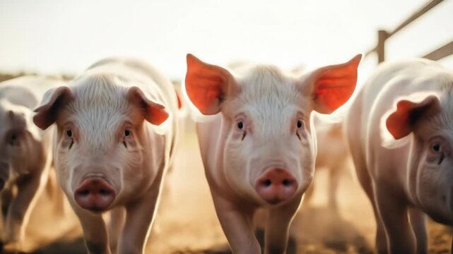 A group of young pigs walk towards the camera on a farm during sunset.