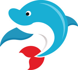 A playful, stylized cartoon dolphin with a bright blue body and a distinct red tail fin. Vector, illustration © Orpita