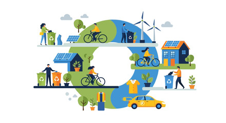 Naklejka premium Circular Economy and Sustainable Lifestyle Vector Illustration with Recycling, Renewable Energy and Eco Transport