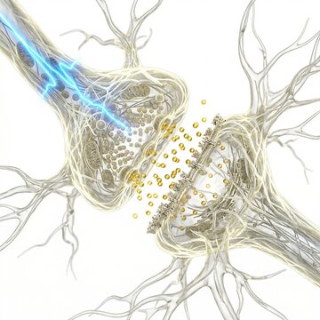 Detailed 3D Render of a Synapse with Neurotransmitters and Electrical Impulse flowing between Neurons