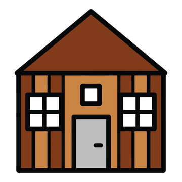 Colorful illustration of a simple house with brown roof and gray door icon