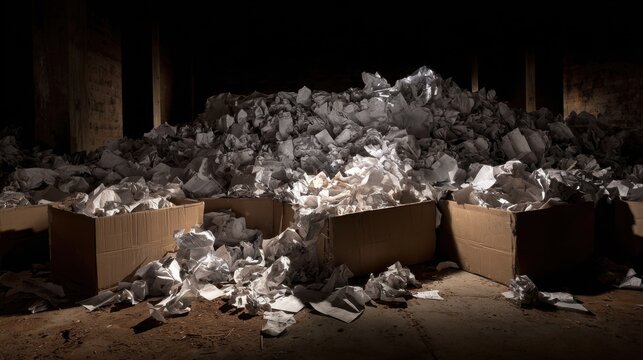 Abandoned warehouse space filled with large piles of crumpled white paper and empty cardboard boxes in dramatic lighting