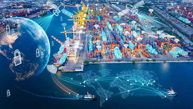 Futuristic smart container port at dusk with digital holographic overlays. Featuring a global security globe with locks, satellite communication beams, 5G network icons, cybersecurity.