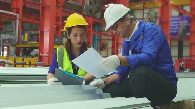 Male engineers and female worker inspect rust proof coated corrugated metal sheets ensuring strength aesthetics before shipment distributors within the industrial metal sheet manufacturing plant.