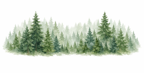A serene watercolor coniferous forest of layered evergreen pine trees in soft green tones, featuring tall firs and snowy woodland foliage in a misty natural landscape. © liana