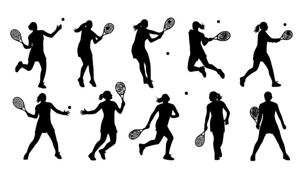 Female Tennis Player Silhouette Action Set with Dynamic Sports Poses for Vector Design