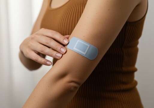 Close Up of Nicotine Patch on Womans Arm for Smoking Cessation Campaign, Medical Treatment in Clinical Setting with Copy Space