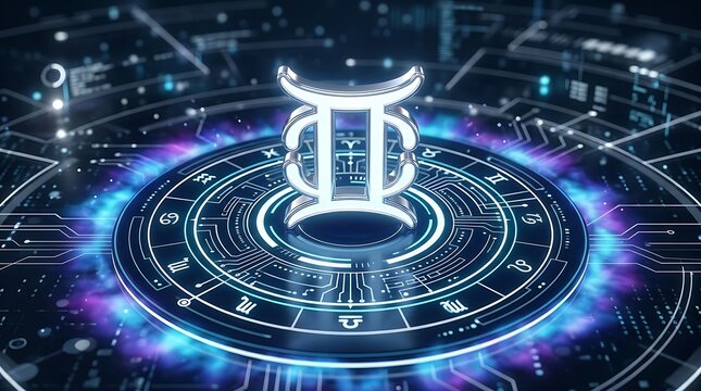 Glowing zodiac symbol of Gemini floats above a futuristic astrology chart on a dark technological background with neon blue and purple lights.