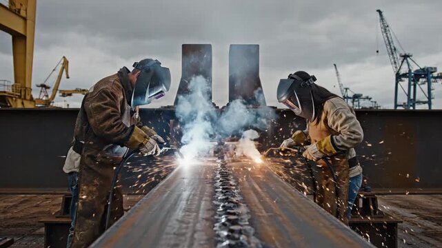 Cinematic shot of industrial welders joining steel beams at a shipyard with sparks and cranes.