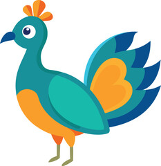Fototapeta premium Vibrant peacock illustration with blue and orange feathers icon design