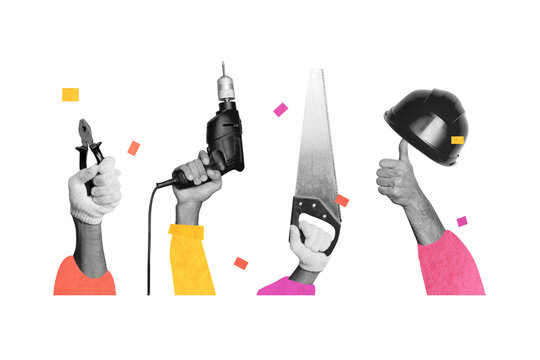 Creative drawing collage picture of&nbsp;hands builders hold tools repairman constructor renovation&nbsp;weird freak bizarre unusual fantasy