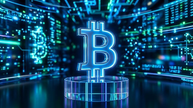 A glowing blue Bitcoin logo stands on a futuristic grid platform amidst a vibrant digital background of code and neon lights in a dark room.