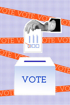 Vertical photo collage of hand put ballot box slot confirmation check mark sign election patriotism isolated on painted background