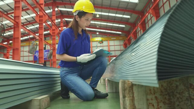 Female worker inspect rust proof coated corrugated metal sheets ensuring strength aesthetics before shipment distributors within the industrial metal sheet manufacturing plant.
