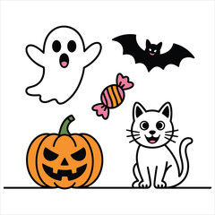 Fototapeta premium Halloween set with ghost, bat, candy, jack-o'-lantern, and cat