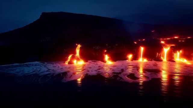 Outdoor exploration adventure. A vivid portrayal of a lava flow at night. The scene depicts molten lava flowing into the ocean, creating a mesmerizing pattern of bright orange and red hues.