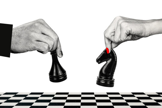 Composite photo collage of two players hold chess board game hobby tactic horse queen championship leisure isolated on painted background