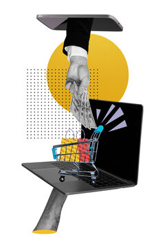 Vertical collage photo poster laptop shopping supermarket cart packages black friday banknote cash purchase consumerism drawing background