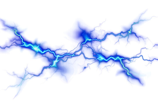 Blue electrical lightning strike with branching bolts of energy and glowing plasma on transparent background.