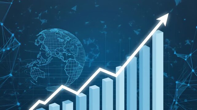 Global business growth and financial success represented by a rising bar chart and earth.