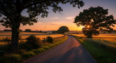 Fototapeta premium Golden hour pathway a serene sunset walk through rolling fields
