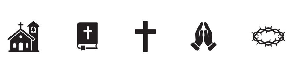 Fototapeta premium Set of Christian Religious Icons. Cross Bible Church Praying Hands and Crown of Thorns Symbols. Vector illustration. EPS 10