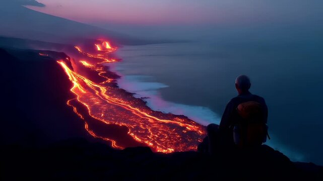 Outdoor exploration adventure. A vivid digital artwork depicts a solitary figure seated on a rocky outcrop overlooking a lava flow. The figure wears a dark jacket and a backpack.