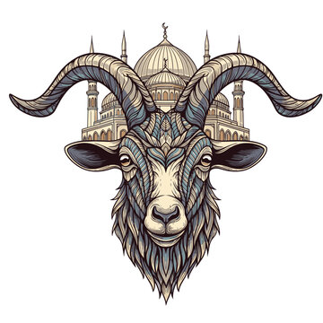 Goat head with large curved horns.